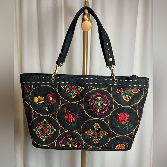 EGO Handbags - EGO Black Embroidered Tote Bag with Vibrant Patterns